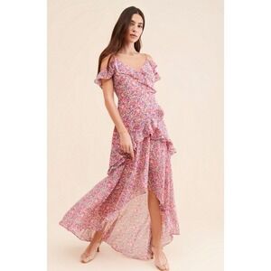 Floral Cold Shoulder Ruffle High-Low Maxi Dress Pink Purple Tiered Summer Event